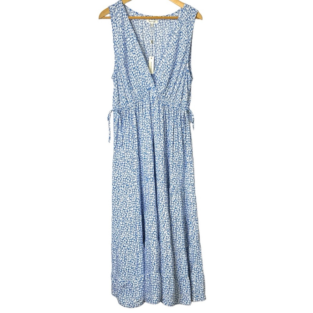 Max Studio NWT Blue White Shadow Pansy Tie Waist Sleeveless Tiered Midi Dress